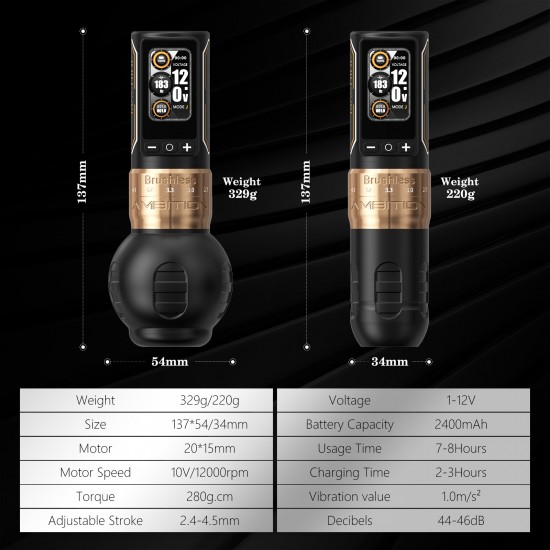 Ambition Ninja Max 280 Brushless Motor 2.4-4.5mm Adjustable Stroke Professional Wireless Tattoo Machine Pen Gun for Body Art