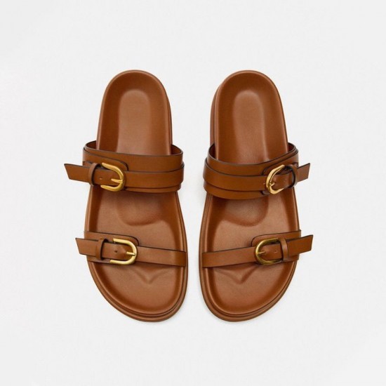 Buckles Metal New Style Strap Open Toe Fashion Mules Thick Bottom Summer Shoes Women slippers Sandals Flats 2024 for Ladies