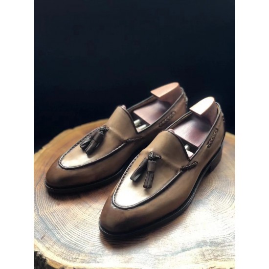 Tassel Loafer Light Brown Men Casual Leather Outsole Breathable Shoe Blake Stitched Custom Color & Size