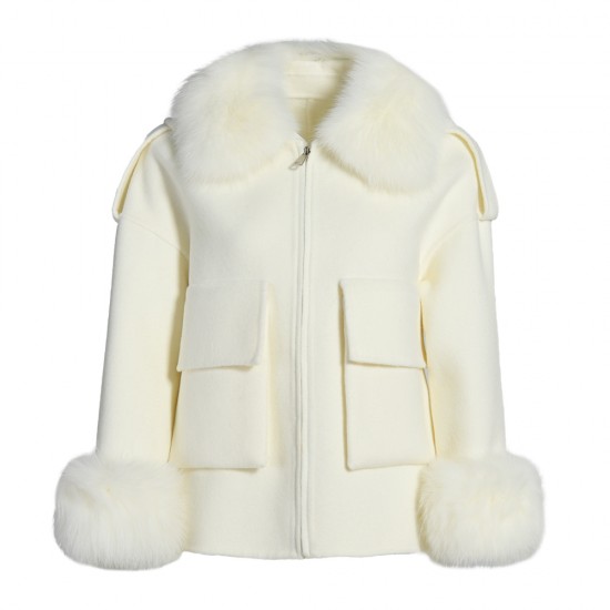 Jxwatcher Women's Winter Coat Jacket with Genuine Fox Fur Collar Lady Size Parka Trench Big Pockets Soft Zipper Woolen Coat