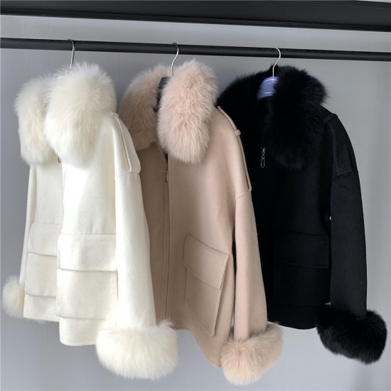 Jxwatcher Women's Winter Coat Jacket with Genuine Fox Fur Collar Lady Size Parka Trench Big Pockets Soft Zipper Woolen Coat