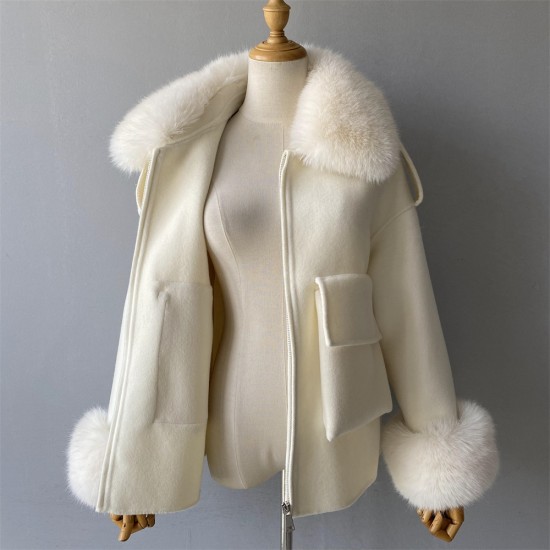 Jxwatcher Women's Winter Coat Jacket with Genuine Fox Fur Collar Lady Size Parka Trench Big Pockets Soft Zipper Woolen Coat