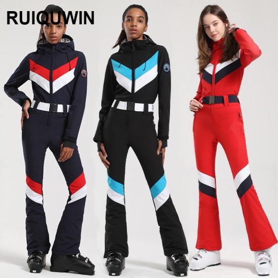 RUIQUWIN 2025 New Women's Windproof Waterproof Ski Suit One-Piece Thickened Breathable with Zipper Pocket Detachable Hood