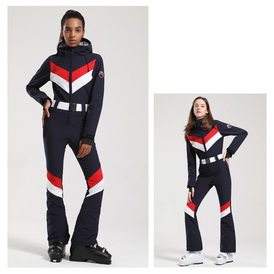 RUIQUWIN 2025 New Women's Windproof Waterproof Ski Suit One-Piece Thickened Breathable with Zipper Pocket Detachable Hood