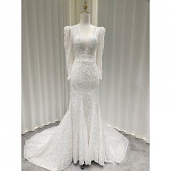 LY-WD0010 Elegant Bridal Wedding Dress Ivory Beaded Lace Skirt with Sexy V-Neck & Long Sleeves Classic Style Plus Size Friendly