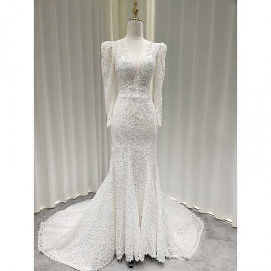 LY-WD0010 Elegant Bridal Wedding Dress Ivory Beaded Lace Skirt with Sexy V-Neck & Long Sleeves Classic Style Plus Size Friendly