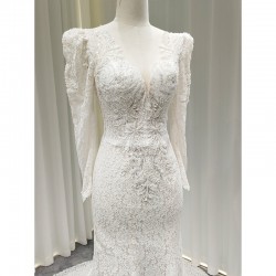 LY-WD0010 Elegant Bridal Wedding Dress Ivory Beaded Lace Skirt with Sexy V-Neck & Long Sleeves Classic Style Plus Size Friendly