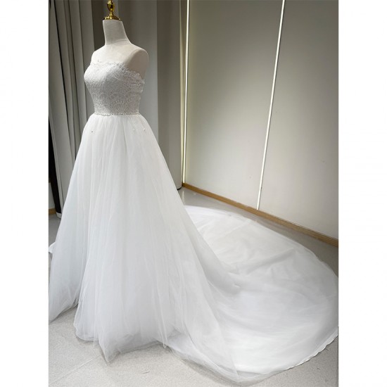 LY-WD0029 Elegant A-Line Ivory Wedding Dress Simple Looking Bridal Lace Skirt with Off-Shoulder Sleeveless for Plus Size Bride