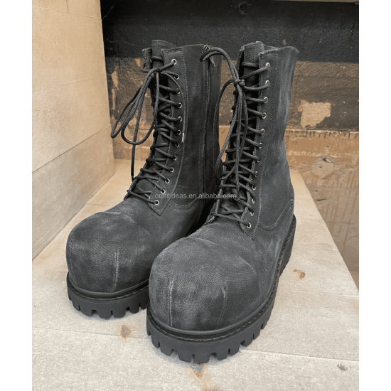 Extra Round Toe Lace up Bootie Distressed Fading Style Unisex Men Dress Shoes Distressing Safety Boots Men Black Stomper Boots