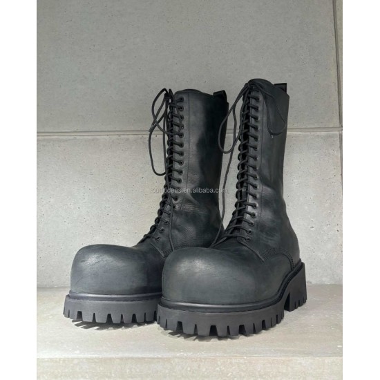 Extra Round Toe Lace up Bootie Distressed Fading Style Unisex Men Dress Shoes Distressing Safety Boots Men Black Stomper Boots