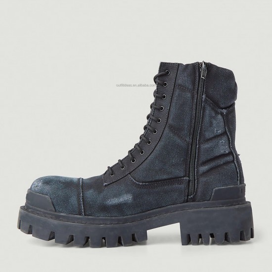 Extra Round Toe Battle Scars Distressed Lug Men Trendy Shoes Unisex Women Men Dress Shoes Black Strike Camo Canvas Combat Boot