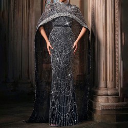 Women's Gorgeous Atmosphere Black Cape Sleeve Women Formal Gown Dress With Beading Heavily Embellished Evening Dress