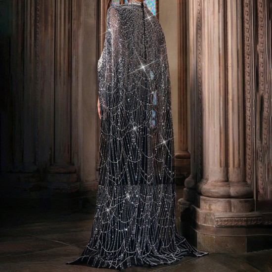 Women's Gorgeous Atmosphere Black Cape Sleeve Women Formal Gown Dress With Beading Heavily Embellished Evening Dress