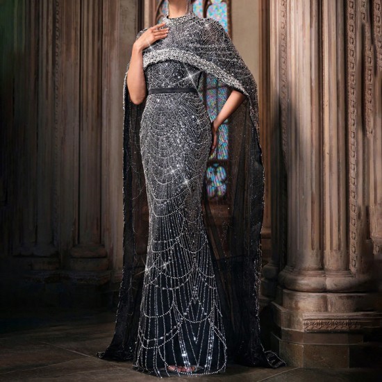 Women's Gorgeous Atmosphere Black Cape Sleeve Women Formal Gown Dress With Beading Heavily Embellished Evening Dress