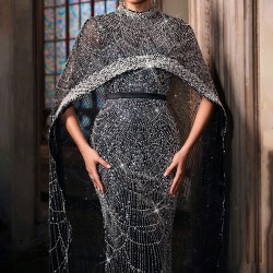 Women's Gorgeous Atmosphere Black Cape Sleeve Women Formal Gown Dress With Beading Heavily Embellished Evening Dress