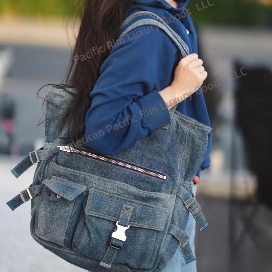 2025 Vintage Jean Denim Tote Shoulder Bag for Women Large Eco-Friendly Shopping Bag with Hole for Students and Girls Celines