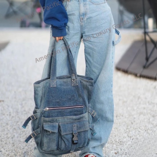 2025 Vintage Jean Denim Tote Shoulder Bag for Women Large Eco-Friendly Shopping Bag with Hole for Students and Girls Celines