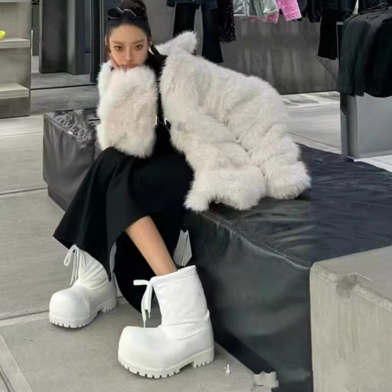 Drawstring High Heels Snow Boots for Women Thick Bottom Big Head Design Calf Boots Waterproof Platform Ankle Boot Ladies Shoes