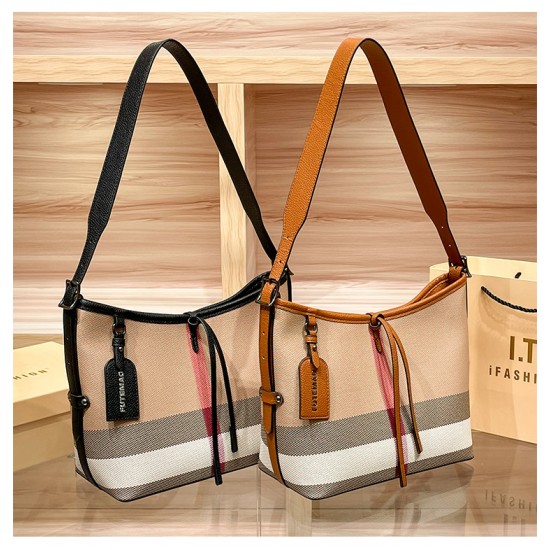 Genuine Leather Women's Bag 2025 New Checkered Canvas Large Capacity Vintage Bag Fashionable Commuting Single-shoulder Tote Bag
