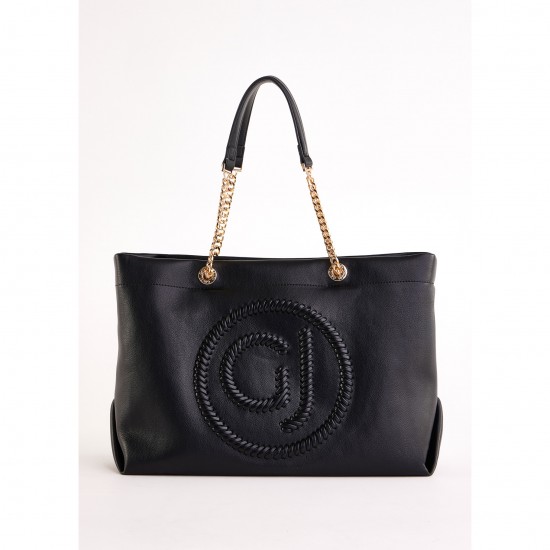 Black Geometric Pattern Leather Shoulder Bag with Single Handle Button Closure V5AE-12150 Fashionable with Polyester Lining