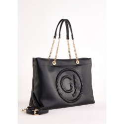 Black Geometric Pattern Leather Shoulder Bag with Single Handle Button Closure V5AE-12150 Fashionable with Polyester Lining