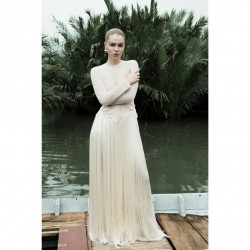 Larissa Long Dress Long Mesh Dress With Handcrafted Leaves and Fringe Details for Women Elegant Relief Clothes