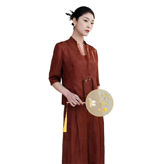 Modern Elegant Mulberry Silk Wine Red Traditional Chinese Women's Clothing for Autumn and Spring Comfortable Bottom