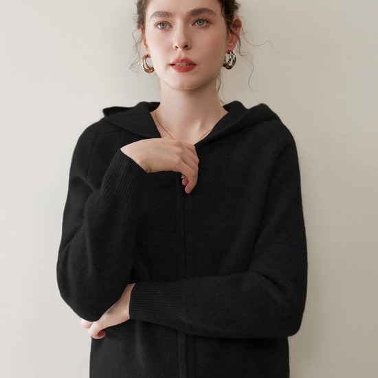 Factory Direct Sale Ladies Warm and Comfortable 100% Cashmere Hooded Cardigan