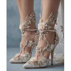 Paradise Elegant Sexy Rhinestones Flowers Crystal Ankle Strap Bridal Floral Embroidery Shoes Stiletto Heel Prom Wedding Sandals