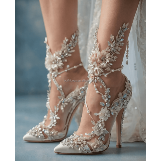 Paradise Elegant Sexy Rhinestones Flowers Crystal Ankle Strap Bridal Floral Embroidery Shoes Stiletto Heel Prom Wedding Sandals