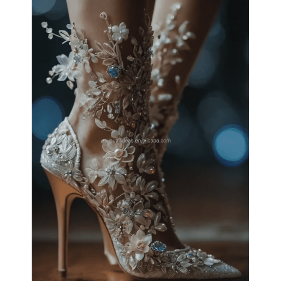 Paradise Elegant Sexy Rhinestones Flowers Crystal Ankle Strap Bridal Floral Embroidery Shoes Stiletto Heel Prom Wedding Sandals