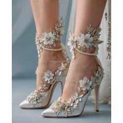 Paradise Elegant Sexy White Rhinestones Heel Flowers Ankle Wrap Tie up Crystal Strap Shoes Sparkly Stiletto Prom Wedding Sandals