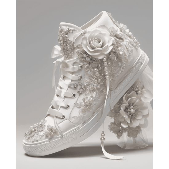 Elegant Wedding Sexy Rhinestone Flower Crystal Prom Shoes Satin White Ivory Lace Pearls Wedding Bridal Floral Wedding Sneakers