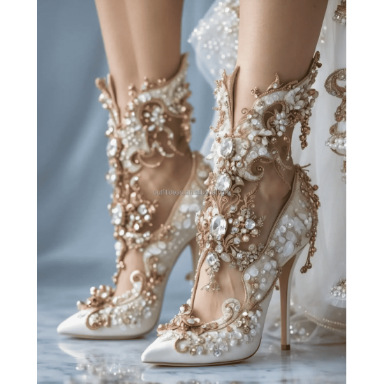 Sexy Rhinestone Wedding Crystal Rhinestone Ankle Heels Metal Embellished Diamonds Floral Prom Wedding Sandals White Bridal Shoes