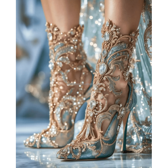 Sexy Rhinestone Wedding Crystal Rhinestone Ankle Heels Metal Embellished Diamonds Floral Prom Wedding Sandals White Bridal Shoes