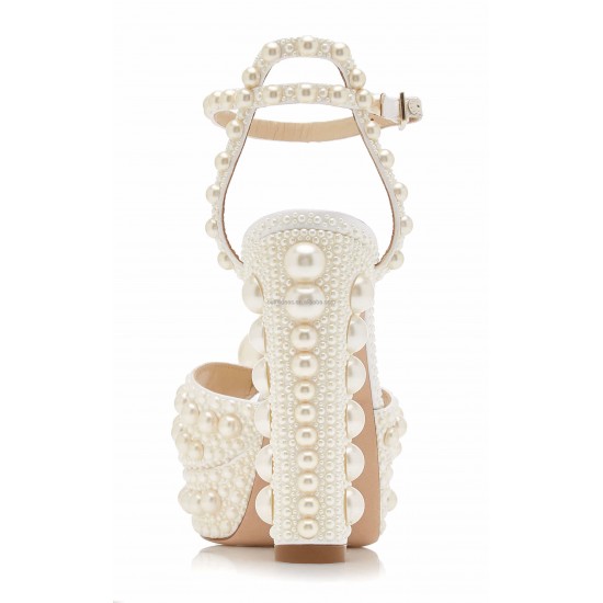 Buckle Ankle Strap Prom Party Wedding Sandal White Bridal Shoes Pearl Royalty Block Heel Satin Platform Sandals Pearl Sandals