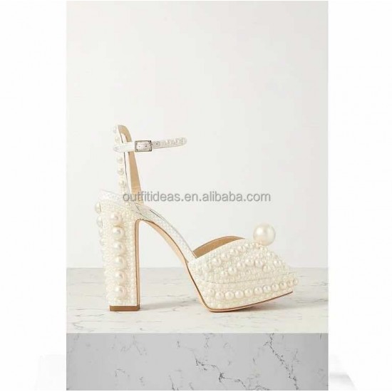 Buckle Ankle Strap Prom Party Wedding Sandal White Bridal Shoes Pearl Royalty Block Heel Satin Platform Sandals Pearl Sandals