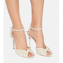 Sexy Stiletto Ankle Strap Prom Party Wedding Sandal White Bridal Shoes Pearl Embellished Satin Platform Pearl Sandals for Bridal