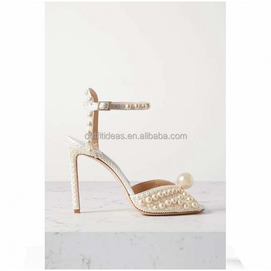 Sexy Stiletto Ankle Strap Prom Party Wedding Sandal White Bridal Shoes Pearl Embellished Satin Platform Pearl Sandals for Bridal