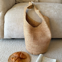 Handmade Women's Small Size Natural Raffia Bucket Tote Open Closure Woven Beach Shoulder Bag