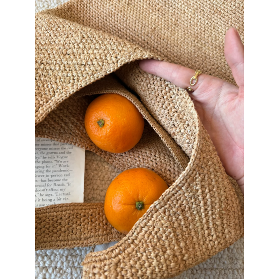 Handmade Women's Small Size Natural Raffia Bucket Tote Open Closure Woven Beach Shoulder Bag