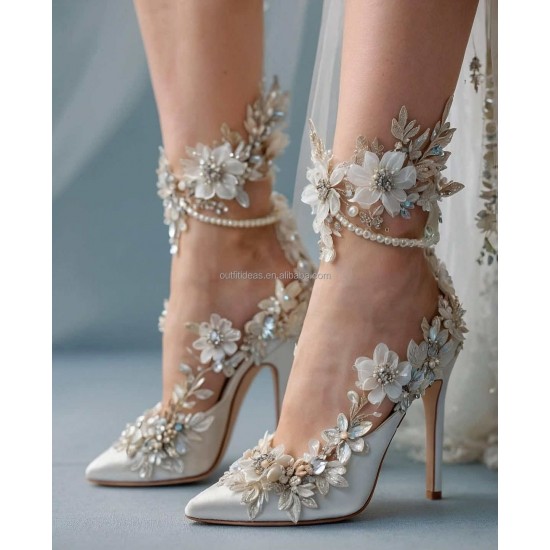 Elegant White Wedding Sexy Rhinestone Bedazzled Heels Flower Ankle Wrap Tie up Crystal Strap Sandals Sparkly Stiletto Prom Shoes