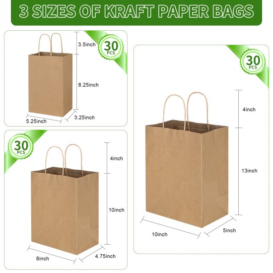 100 Pack White Gift Bags Kraft Paper Bags with Handles for Shopping 3 Size