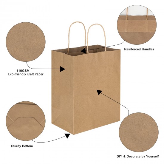 100 Pack White Gift Bags Kraft Paper Bags with Handles for Shopping 3 Size