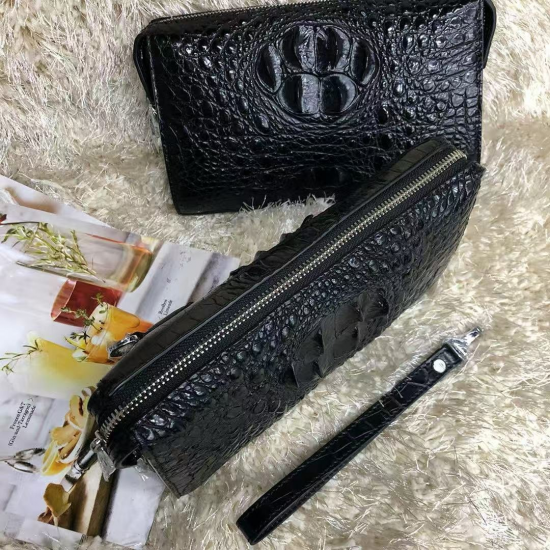 Unisex 100% Pure Water Dyed Crocodile Leather Clutch Bag Large Capacity Business Clutch Portable Men's Long Genuine Leather