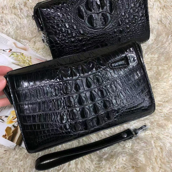 Unisex 100% Pure Water Dyed Crocodile Leather Clutch Bag Large Capacity Business Clutch Portable Men's Long Genuine Leather