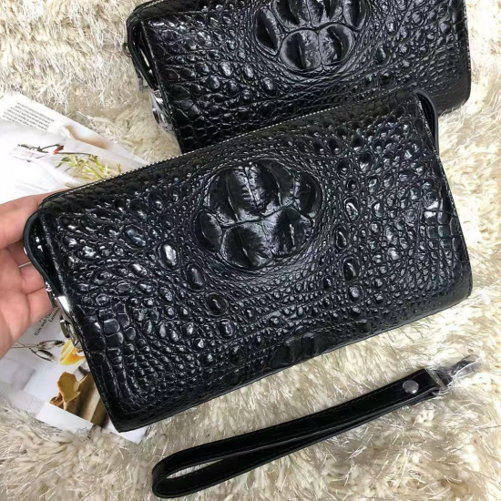 Unisex 100% Pure Water Dyed Crocodile Leather Clutch Bag Large Capacity Business Clutch Portable Men's Long Genuine Leather