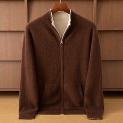 Long Sleeve Light Brown Knit Coat Men's Winter Zipper Sweater with Cardigan Sweater Design ODM Supply  Cashmere