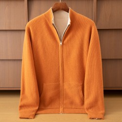 Long Sleeve Light Brown Knit Coat Men's Winter Zipper Sweater with Cardigan Sweater Design ODM Supply  Cashmere