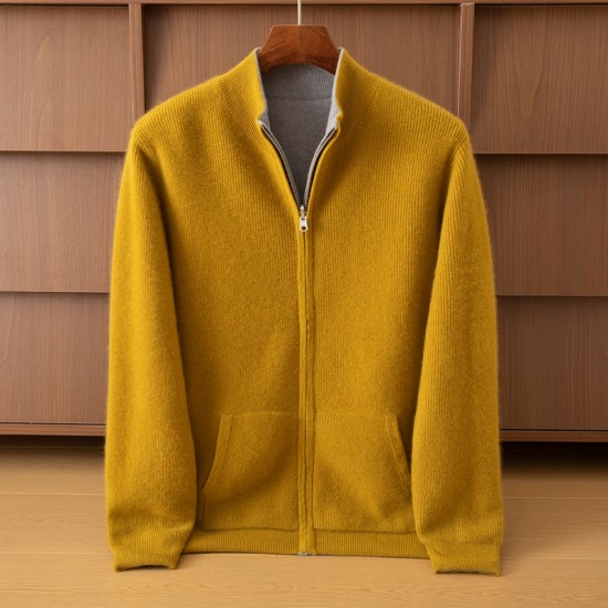 Long Sleeve Light Brown Knit Coat Men's Winter Zipper Sweater with Cardigan Sweater Design ODM Supply  Cashmere